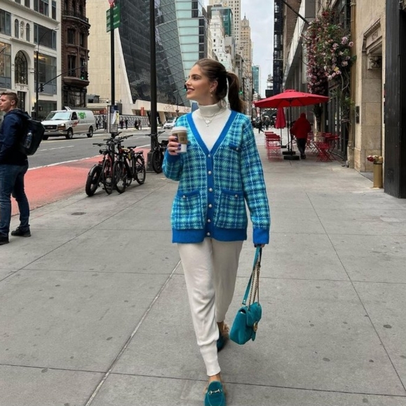 Zara * Plaid Knit Long Cardigan Jacket Blue - Picture 10 of 14